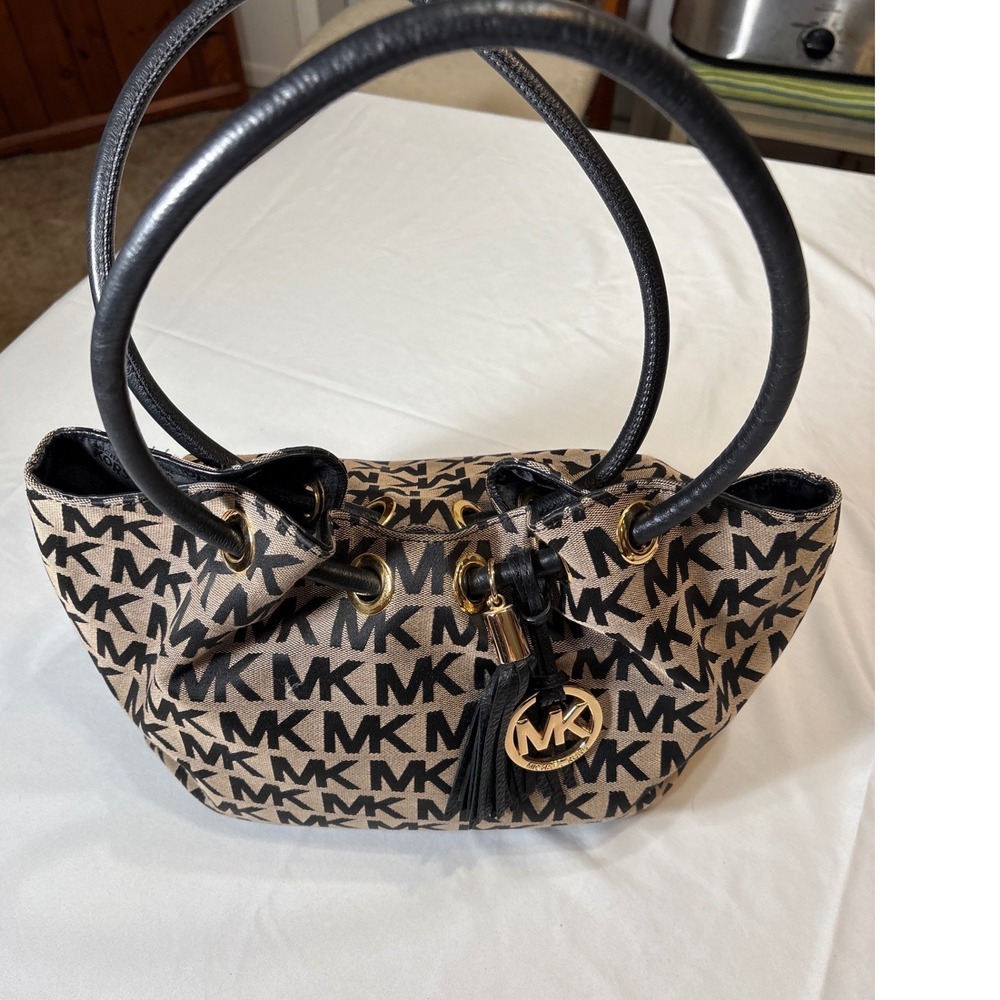 Michael Kors Monogram Jacquard Shoulder Bag Tan Black Gold Hardware Tassel